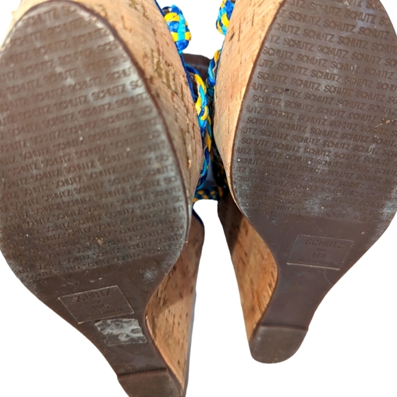 Schutz Caron Olympian Blue HIgh Heel Cork Wedge Platform Multi Color Sandals..10 - Picture 8 of 9